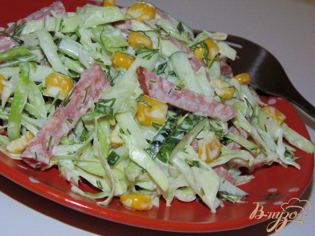 фото рецепта: Салат с копченой колбасой, капустой и свежим огурцом