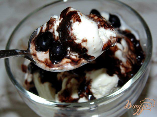 фото рецепта: Мороженое с шоколадным соусом и черной смородиной