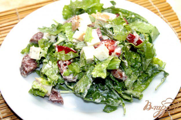 фото рецепта: Сытный салат с зеленью, сыром и колбасой