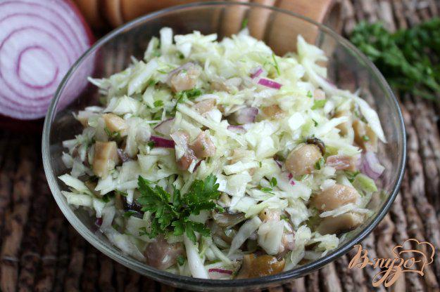 фото рецепта: Салат из капусты с солеными грибами и красным луком