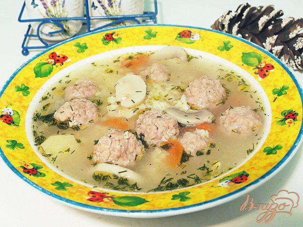 фото рецепта: Суп с фрикадельками, пшеном и шампиньонами