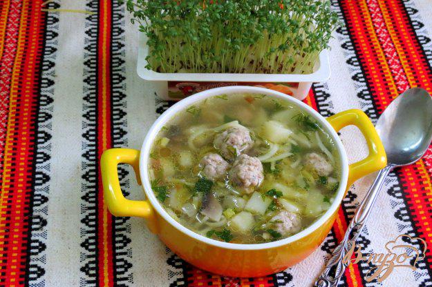 фото рецепта: Суп с фрикадельками, шампиньонами и лапшой