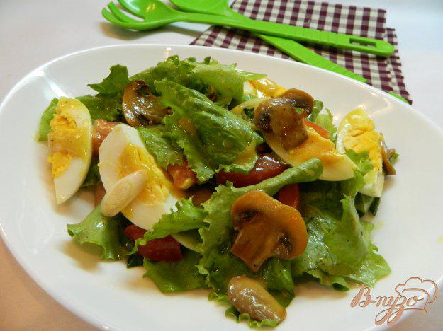 фото рецепта: Салат из салатных листьев с грибами и яйцом