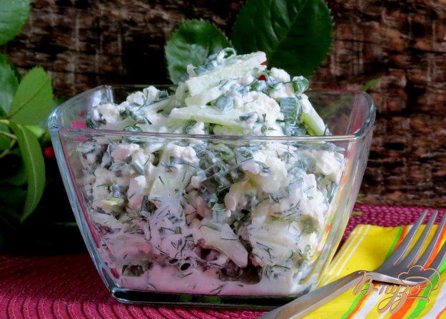 фото рецепта: Салат из творога с зелёным луком и огурцами
