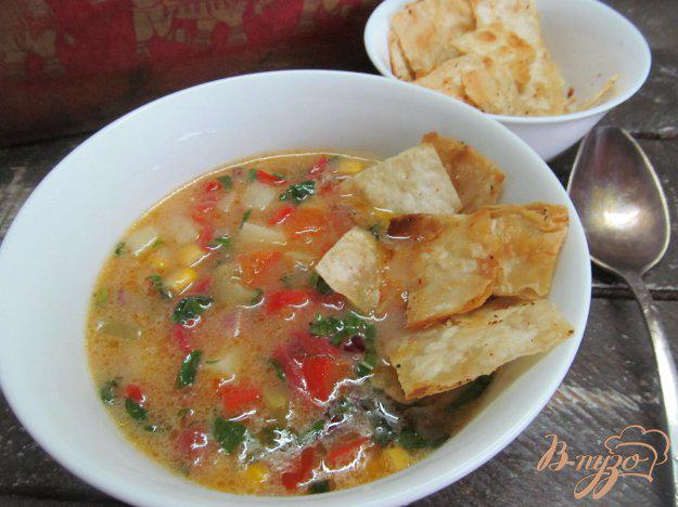 фото рецепта: Томатный суп с кукурузой и чипсами из лаваша