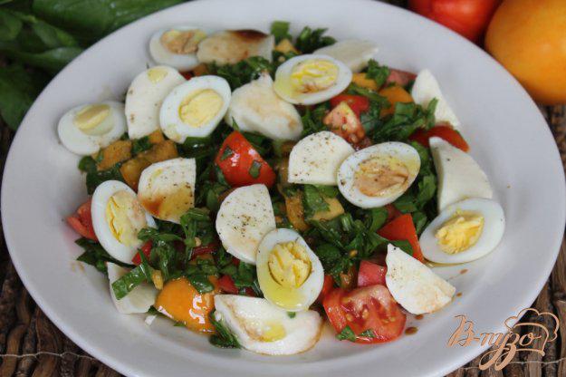 фото рецепта: Салат из помидор с моцареллой и перепелиными яйцами
