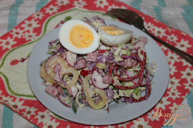 фото рецепта: Салат из капусты с колбасой, огурцом и редисом