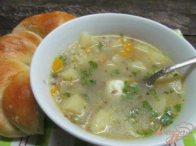 фото рецепта: Гречневый суп с тыквой на утином бульоне