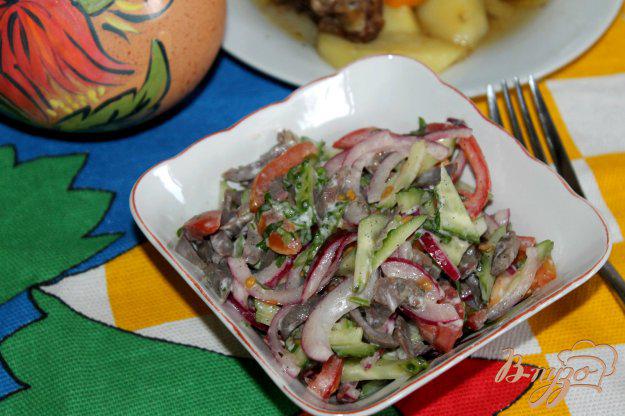 фото рецепта: Салат с куриными желудками, маринованным луком и помидорами