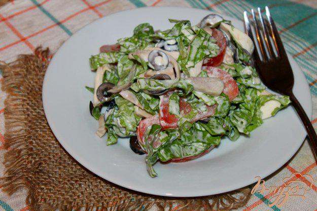 фото рецепта: Салат из отварного куриного мяса, маслин и свежих шампиньонов