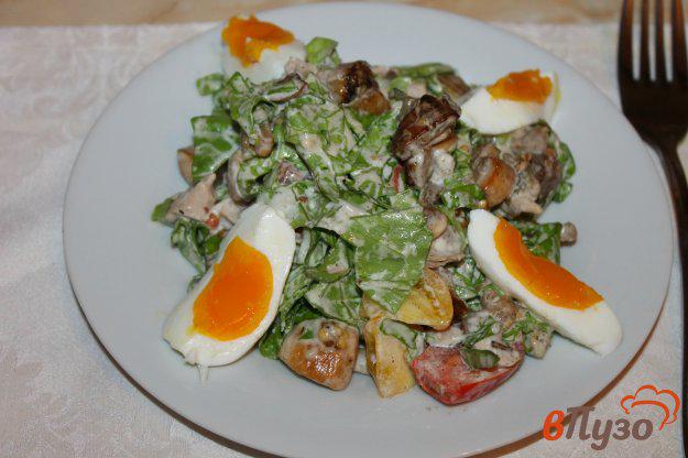 фото рецепта: Салат с отварным куриным мясом, баклажанами, грибами и яйцом