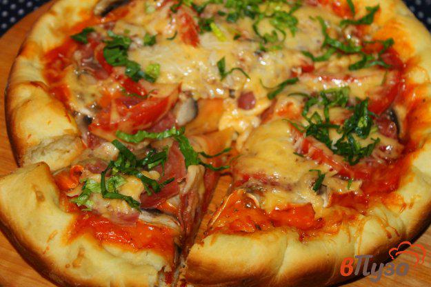 фото рецепта: Пышная пицца с колбасой, грибами и сыром