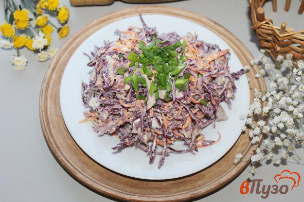 фото рецепта: Салат из краснокочанной капусты со свининой, копченой колбасой и яйцом
