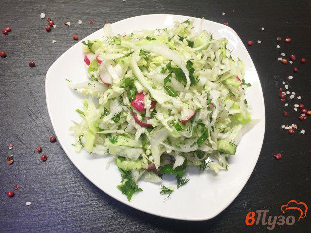 фото рецепта: Салат из молодой и пекинской капусты с редисом и огурцом
