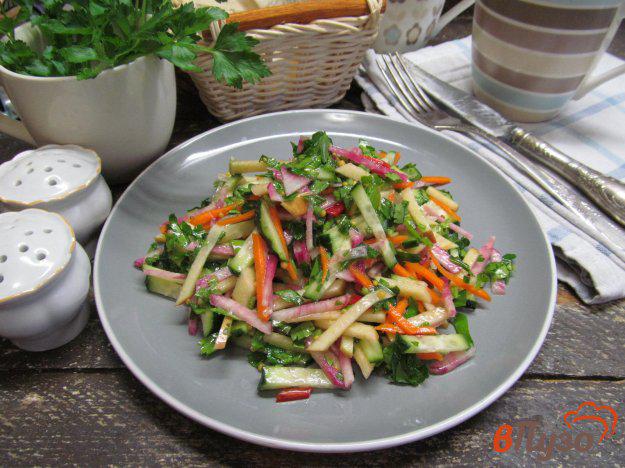 фото рецепта: Свежий салат из моркови редьки и яблок