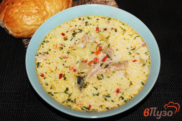 фото рецепта: Сливочный суп с вермишелью, курицей и колбасой