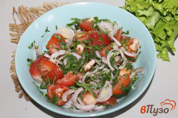 фото рецепта: Помидорный салат с кинзой и луком - шалот