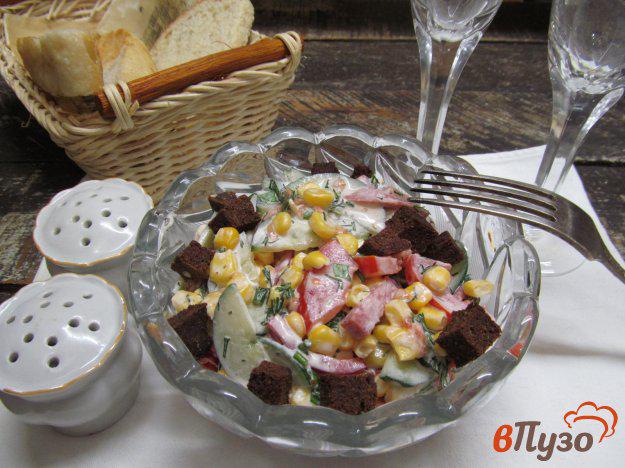 фото рецепта: Мясной салат с овощами кукурузой и ржаными сухариками