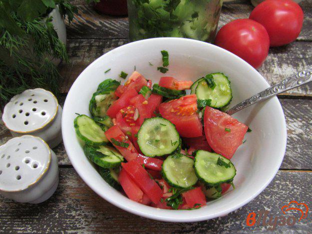 фото рецепта: Помидорный салат с малосольным огурцом