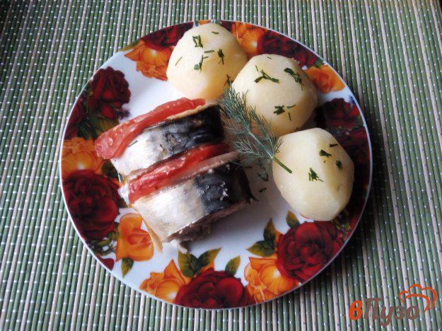 фото рецепта: Скумбрия запечённая с помидором и луком