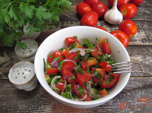 фото рецепта: Салат из помидора с малосольным огурцом