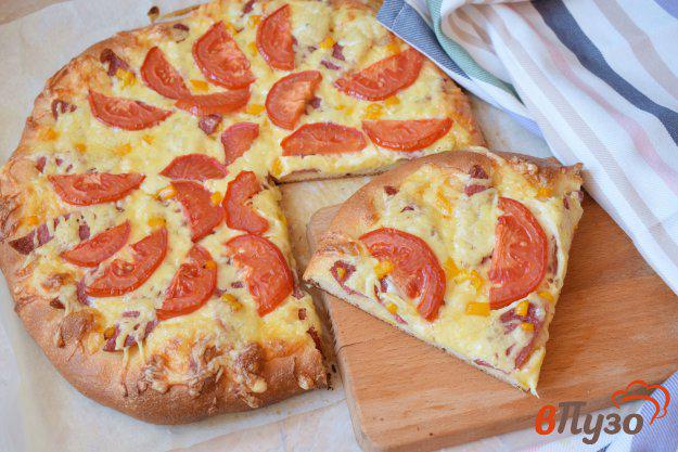 фото рецепта: Пицца с колбасой и помидорами на дрожжевом тесте