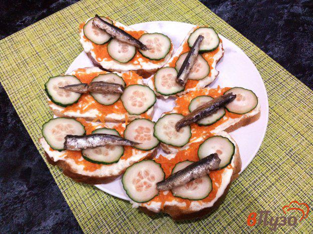 фото рецепта: Бутерброды со шпротами морковью и огурцом