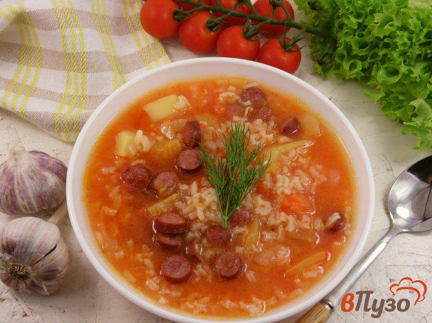 фото рецепта: Суп рисовый с лечо и колбасками