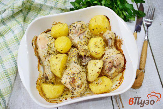 фото рецепта: Куриные голени с горчицей и картофелем в духовке