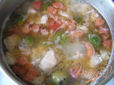 Фото приготовление рецепта: Суп с лососем, брюссельской капустой и помидорами шаг №6