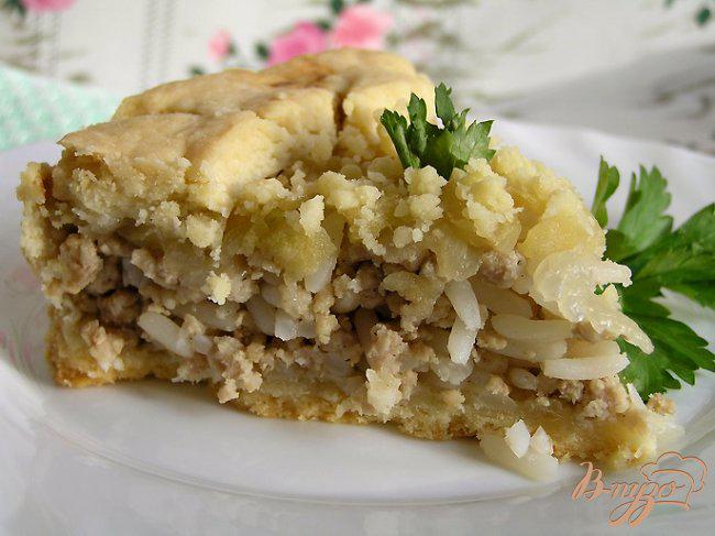 Фото приготовление рецепта: Мясной пирог с рисом, карамелизированным луком и яблоками шаг №14