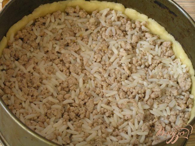 Фото приготовление рецепта: Мясной пирог с рисом, карамелизированным луком и яблоками шаг №10