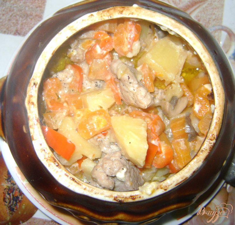 Фото приготовление рецепта: Жаркое с грибами и свининой в горшочках шаг №7
