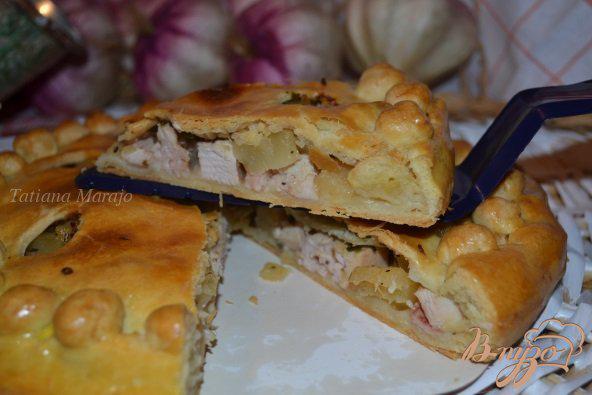 Фото приготовление рецепта: Пирог с копченой курятиной, имбирем и ананасом шаг №10
