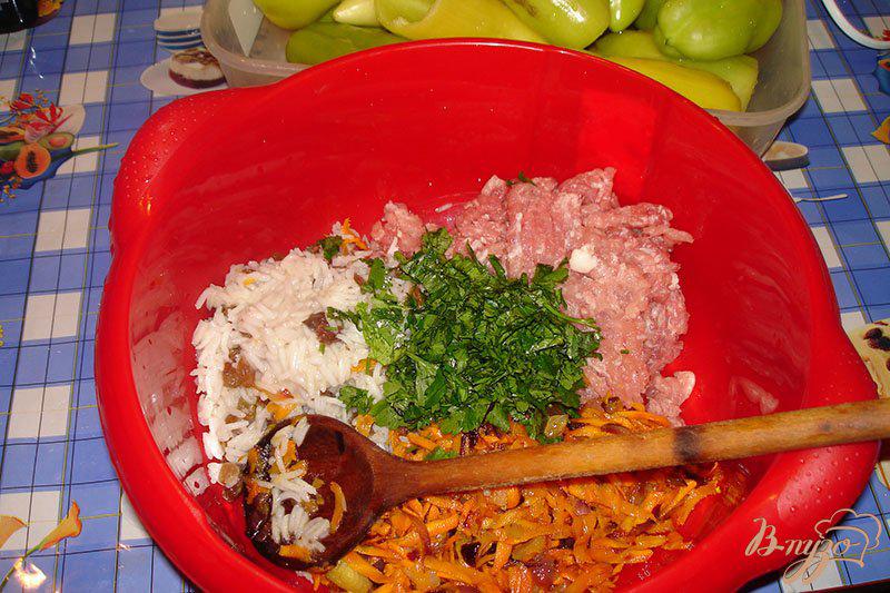 Фото приготовление рецепта: Перчики фаршированные мясом, орехом, изюмом и овощами шаг №3
