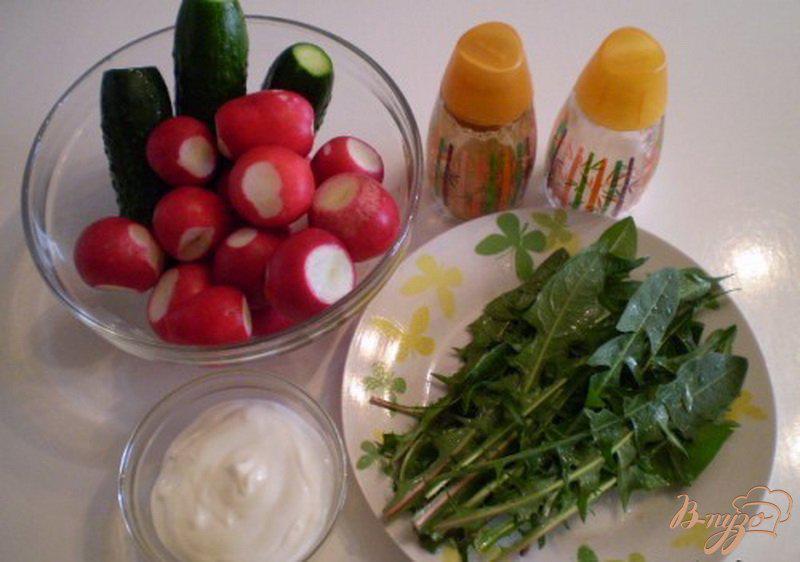 Фото приготовление рецепта: Овощной салат с листьями одуванчика и сметаной шаг №1