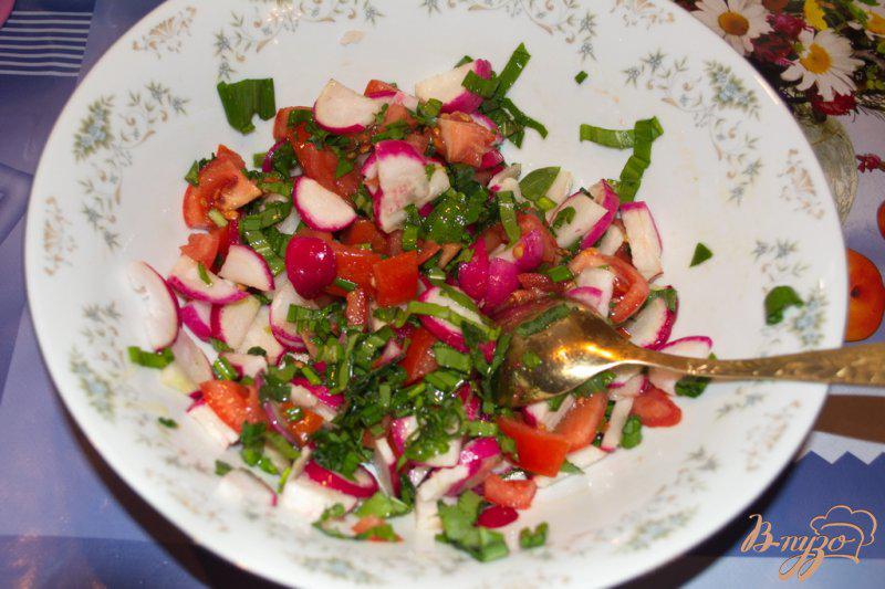 Фото приготовление рецепта: Салат с редисом, черемшой и фетой шаг №4