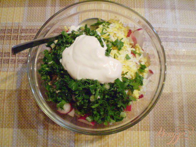 Фото приготовление рецепта: Редисковый салат со сметаной шаг №4