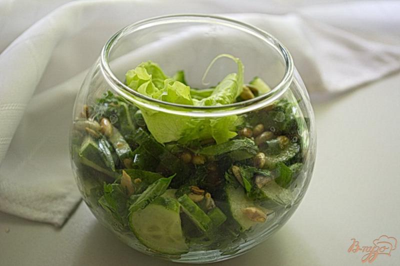 Фото приготовление рецепта: Огуречный салат с мятой и тыквенными семечками шаг №7