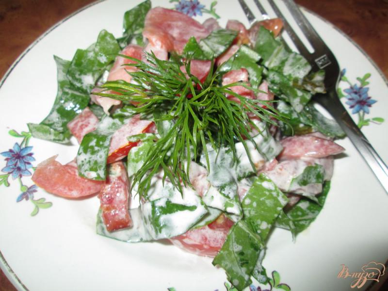 Фото приготовление рецепта: Салат с щавелем, помидорами и колбасой шаг №7