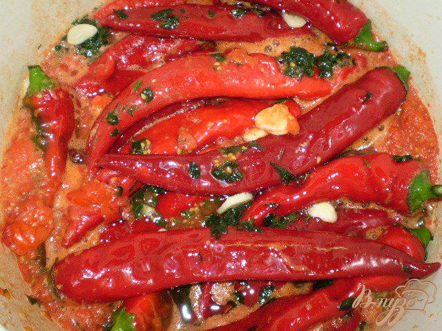 Фото приготовление рецепта: Горький перец в томате с чесноком и зеленью шаг №6