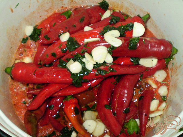 Фото приготовление рецепта: Горький перец в томате с чесноком и зеленью шаг №5