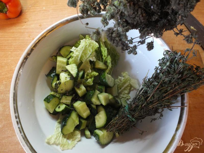 Фото приготовление рецепта: Салат с пекинской капустой, огурцом и шалфеем шаг №4
