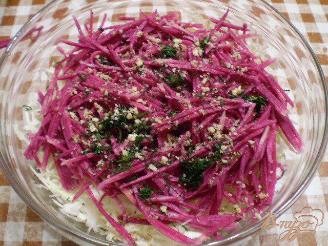 Фото приготовление рецепта: Салат из капусты, редьки и грецких орехов шаг №7