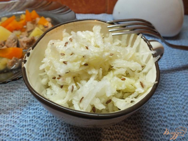 Фото приготовление рецепта: Салат закусочный из репы с льняными семенами и маслом шаг №4