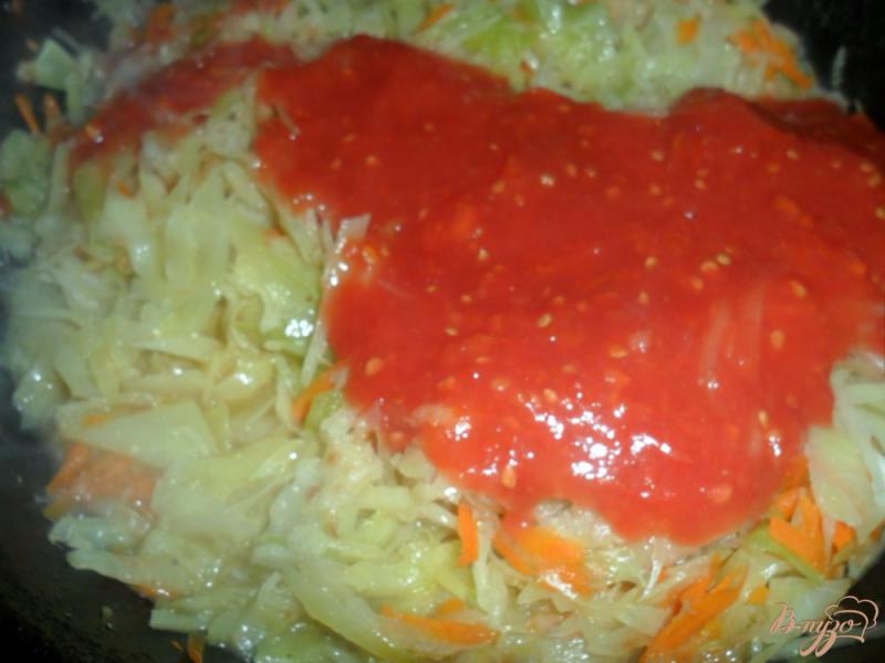 Фото приготовление рецепта: Тушеная капуста с консервированными помидорами шаг №5