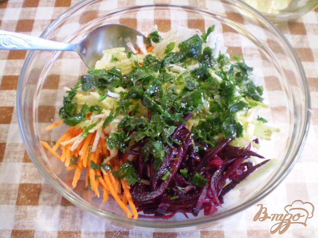 Фото приготовление рецепта: Салат овощной с редькой и яблоком шаг №6