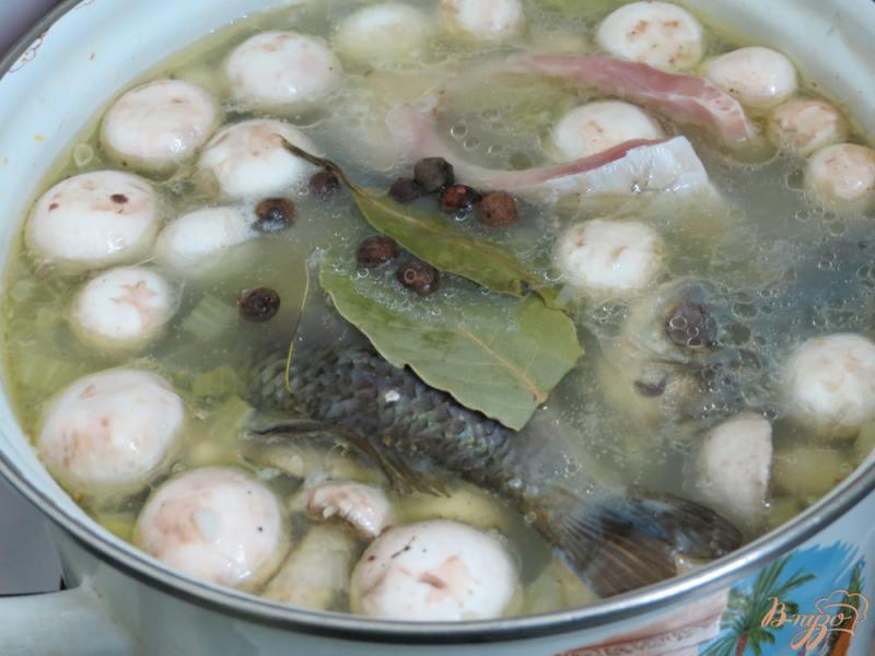 Фото приготовление рецепта: Суп с карасями, грибами и рисом. шаг №8