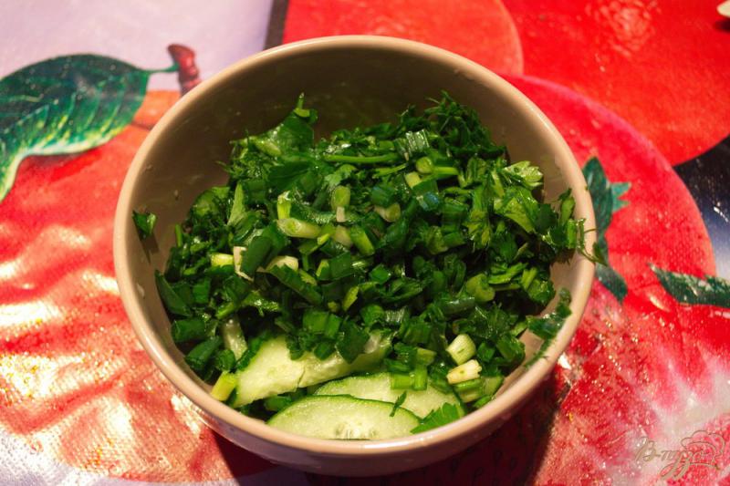 Фото приготовление рецепта: Огуречный салат с черемшой и сметаной шаг №3