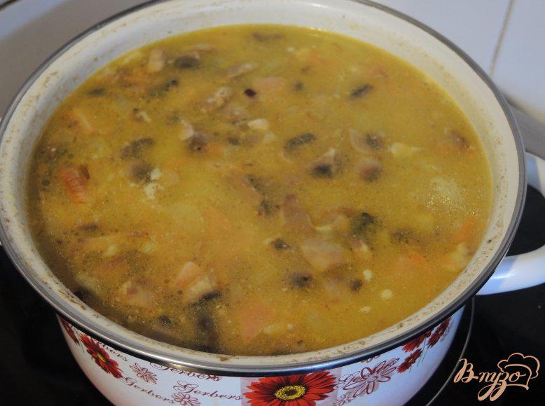 Фото приготовление рецепта: Сырный суп с курицей и грибами шаг №10
